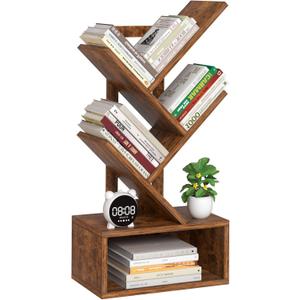 Small Tree Book Shelf,5 Tier Black Tree Bookshelf,Brown Desktop Bookcase,Modern Desk Display Storage Bookshelves,Floor Standing Organizer Bookcases for Living Room,Bedroom,Office-White-Brown