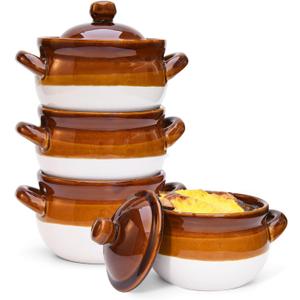 French Onion Soup Bowls with Lids and Handles, 16 oz Ceramic French Onion Soup Crocks for Chilli, Cereal, Cereal, Pot Pies, Oven, Broil & Dishwasher Safe, Set of 4