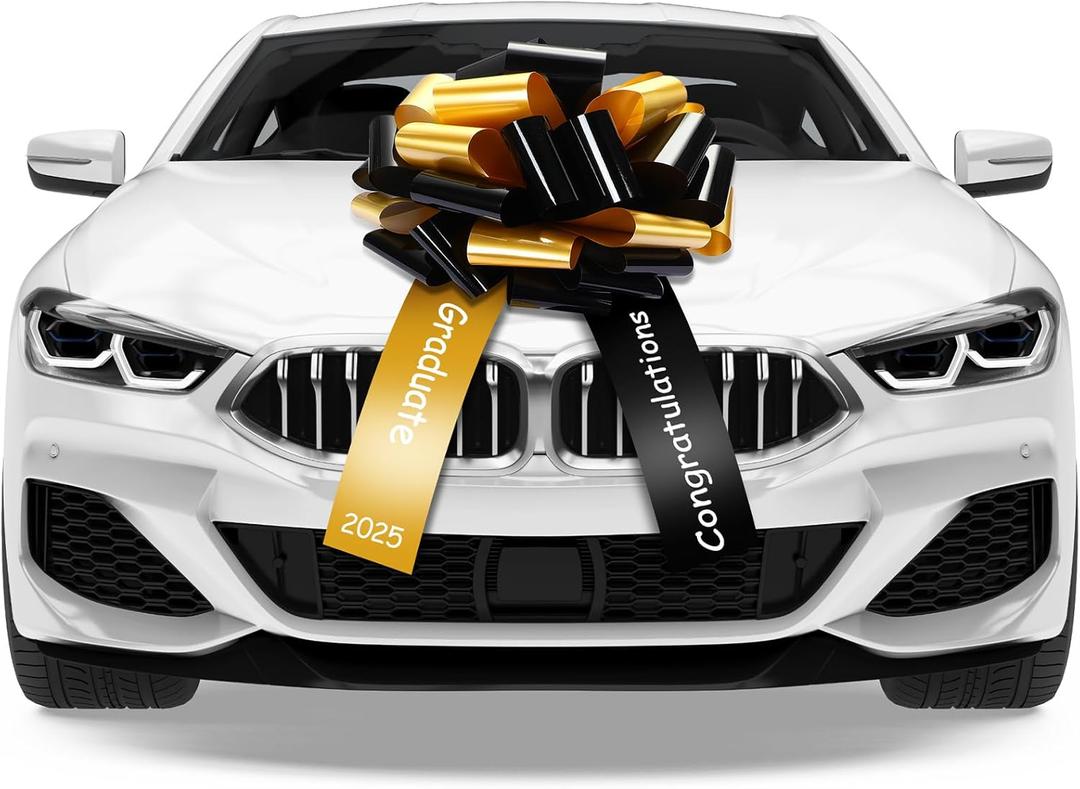 Geosar 20 Inch Graduate Big Car Bow Large Giant Graduation Congratulations Car Bow Ribbon for 2025 Graduation Gift Birthday Party Decoration, Black, Gold