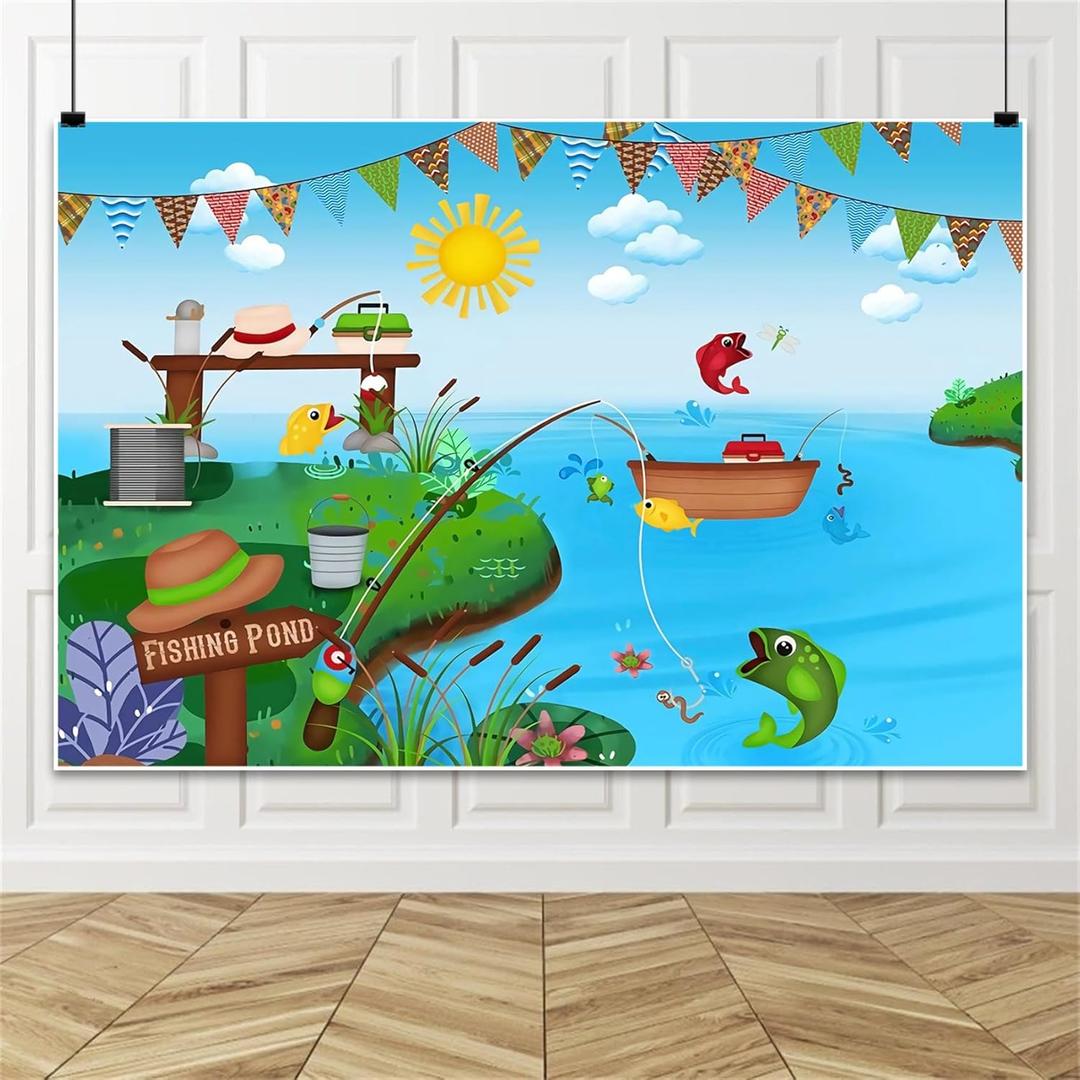 Renaiss 8x6ft Fishing Pond Backdrop for Photoshoot Boys Girls Kids Portrait Bunting Boat Fishes Green Bank Blue Sky Photography Background Baby Shower Newborn Birthday Party Decors Photo Studio Props (FSW07879)
