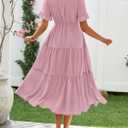 BTFBM Summer Dresses for Women 2025 Vacation V Neck Loose Short Sleeve A Line Tiered Flowy Casual Midi Beach Dress (Pink, S)