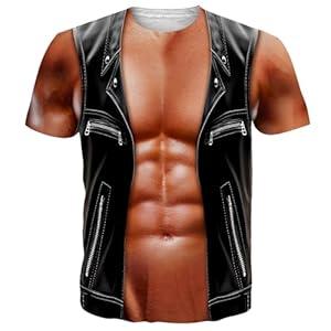 RAISEVERN Mens Muscle T-Shirt Fake Two-Pieces Funny 6 Pack Abs Short Sleeve 3D Graphic Tees Crew Neck Family Shirts Casual Cool Holiday Festive Party Crazy Crew Neck T Shirt Top, Size S