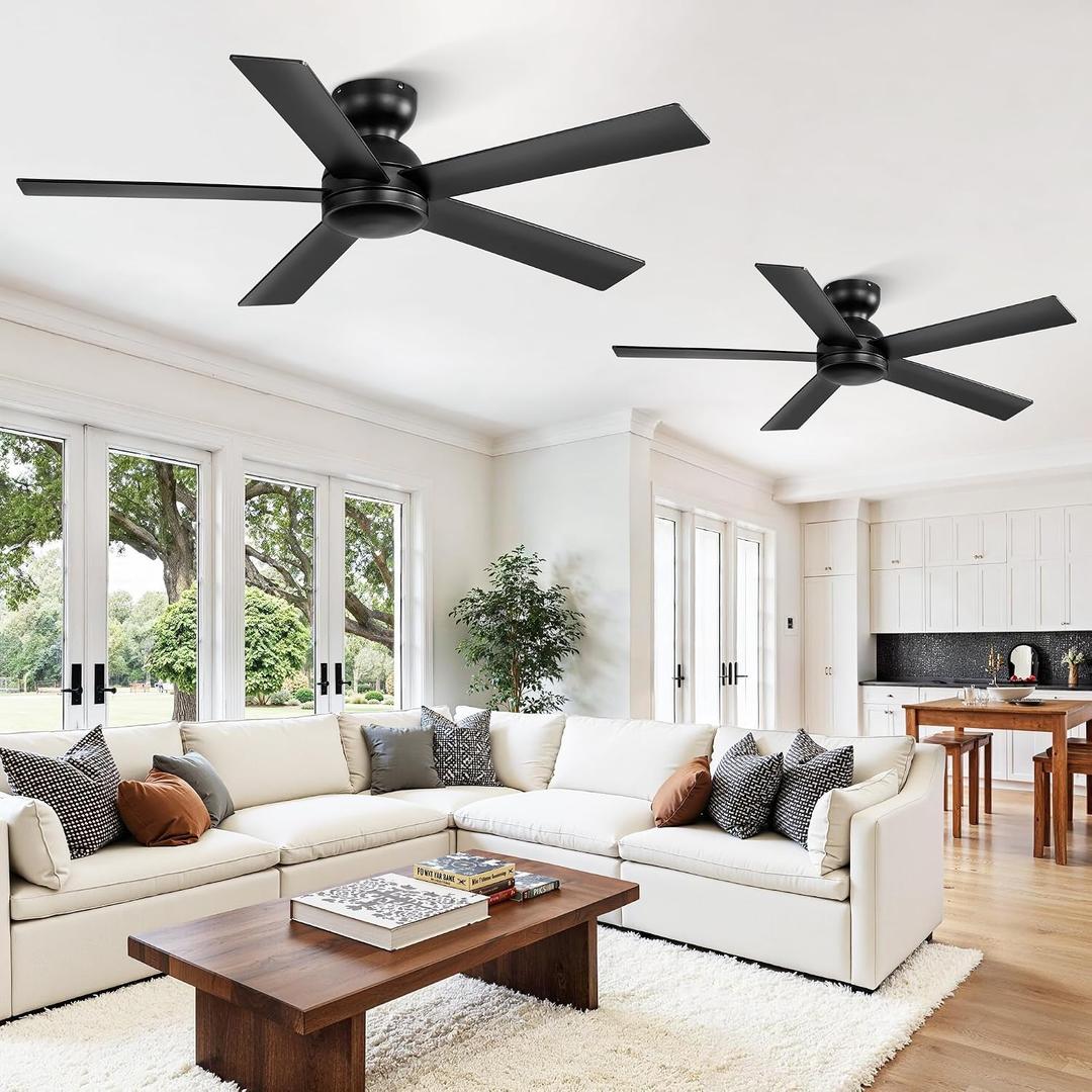 2 Pack 48 Inch Low Profile Ceiling Fan no Light, Black Ceiling Fan without lights, 6-Speeds, Quiet Reversible DC Motor, Indoor/Outdoor Ceiling Fans without Lights for Patio, Living Room, Bedroom