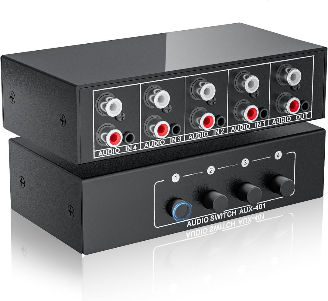3.5mm Aux + RCA L/R Audio Switch Box 4 in 1 Out Bidirectional, BolAAzuL Stereo Audio Switcher Selector 4X1 Passive a/b Analog Audio Selector No Power Need
