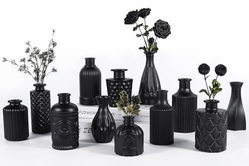 TBWIND 12pcs Glass Black Bud Vases Set, Small Vases for Flowers, Bud Vase for Centerpieces in Bulk, Mini Vintage Vase for Rustic Wedding Decorations, Office and Home Table Flower Décor