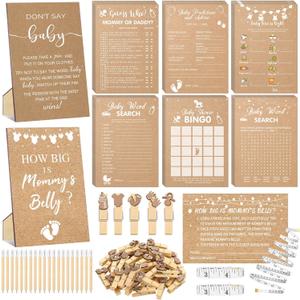 Funnymoom 426 Pcs Kraft Baby Shower Games Set-8 Games, Includes Baby Shower Bingo, Price is Right, Guess Who, Word Scramble, Prediction and Advice, How Big is Mommy's Belly, Don't Say the Words (Brown)