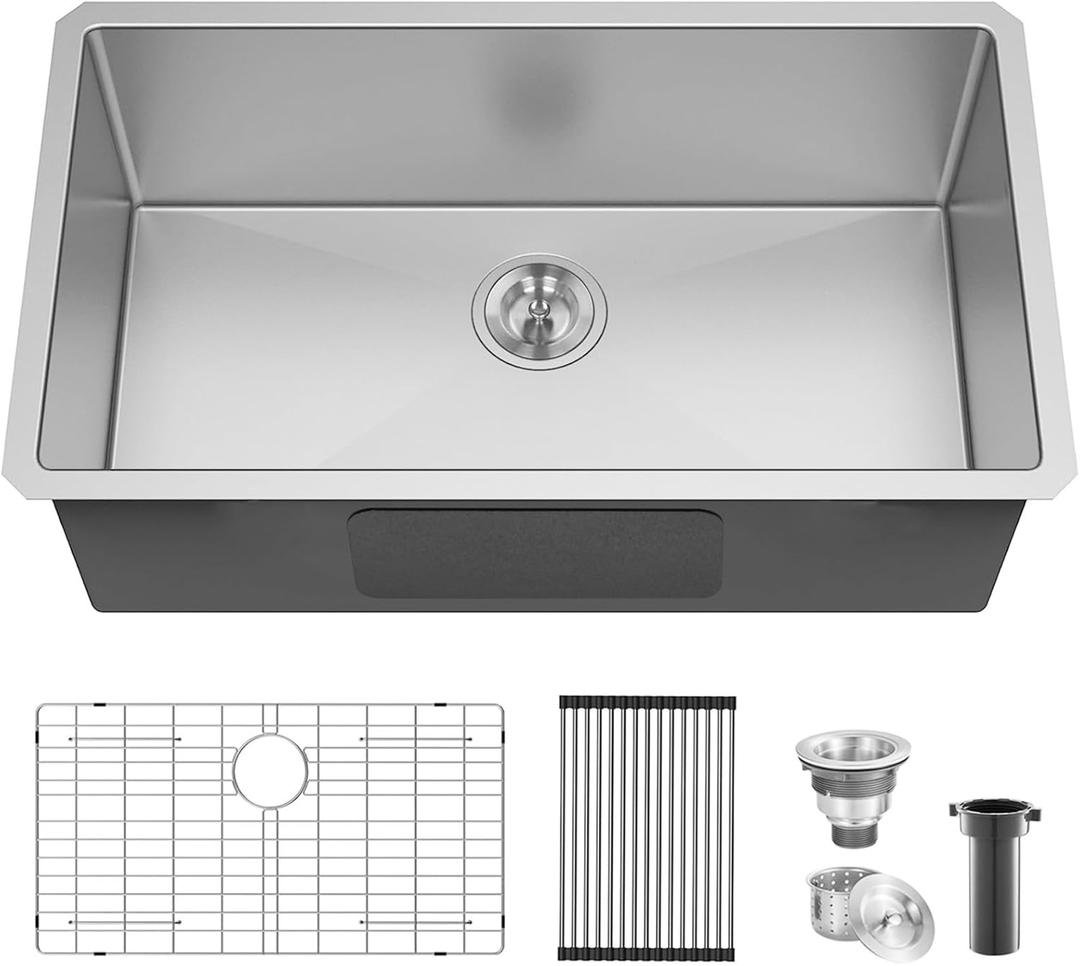 30 Inch Undermount Kitchen Sink, 30" x 16.5" x 8" Under Mount Brushed Nickel RV Laundry Utility Undermount 16 Gauge Stainless Steel 8 Deep Single Bowl Small Kitchen Laundry Narrow Sink