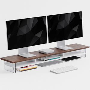 DualTier Monitor Stand for Modern Desk Setup,  Minimalist Wooden and Metal Riser Shelf with Transparent Acrylic Feet for Dual Monitors, Laptops, Home Office Aesthetic Brown and White