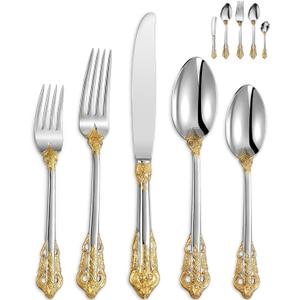 KEAWELL Luxury 45 Pieces 18/10 Stainless Steel Flatware set, Service for 8, silver plated with gold accents, Fine Silverware set and Dishwasher Safe