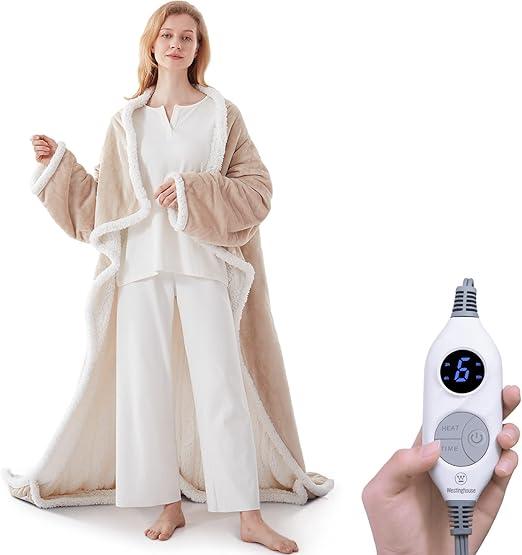 Wearable Electric Blankets, Heated Snuggle Blanket, 70"*50" Flannel Sherpa Electric Heating Throw Blanket with Hood, Sleeves, Foot Pocket, 10 Heating 3 Timer Settings for Women Men Color Beige