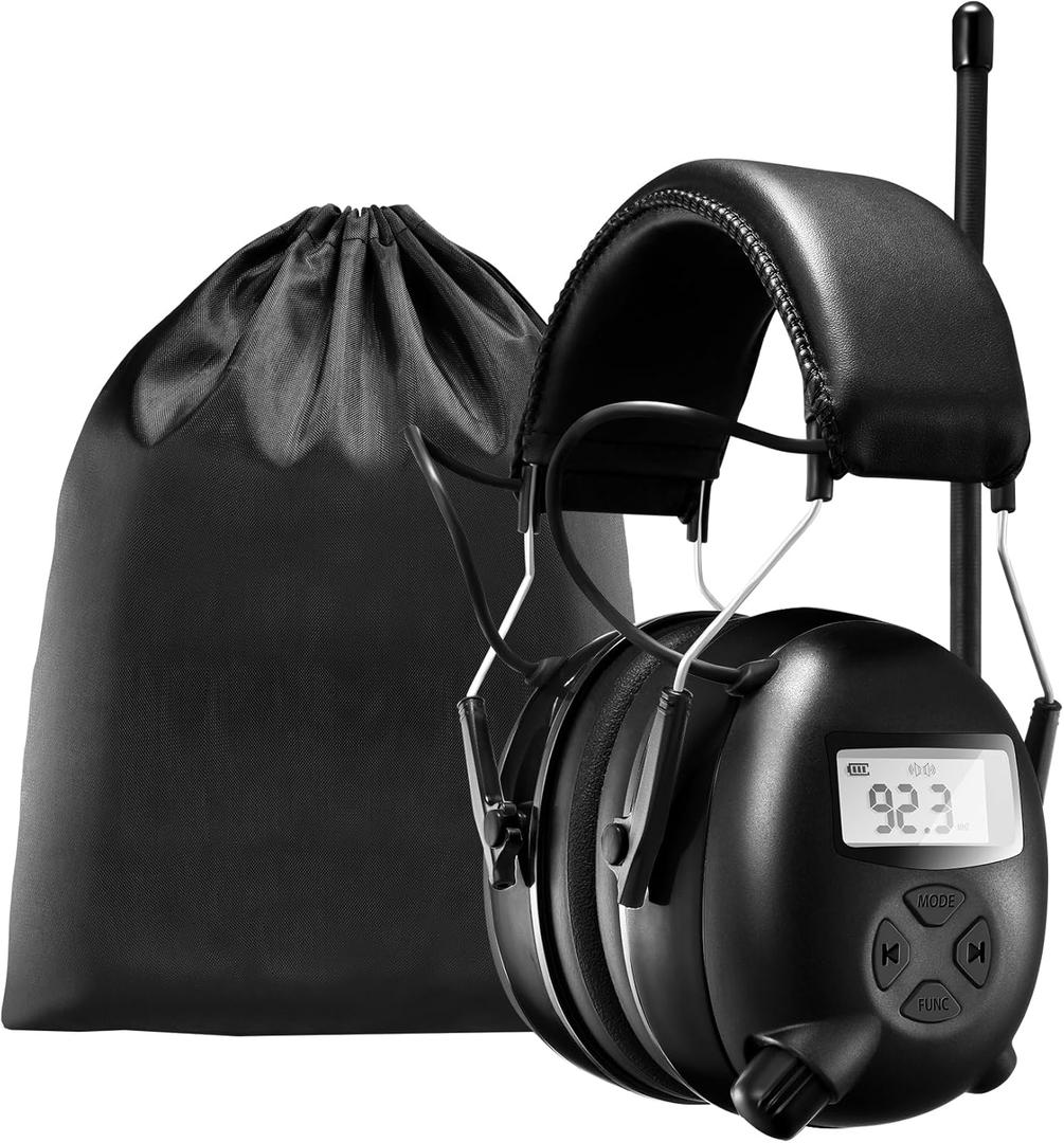 BJKing AM/FM Radio Headphones with Digital Display, 30dB AM FM Hearing Protection Safety Ear Muff, Ear Protection Headphone for Mowing, Landscaping, Shooting and Construction-Black