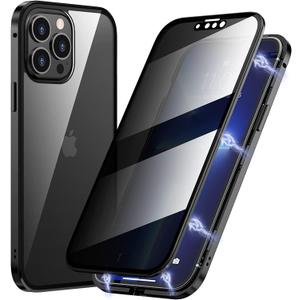 iPhone 14 Pro Cellular Phone Case, Magnetic Titanium, Anti peep Privacy, Double Sided Tempered Glass, Full Body, Metal Frame, Black, Support Wireless Charging & Face ID