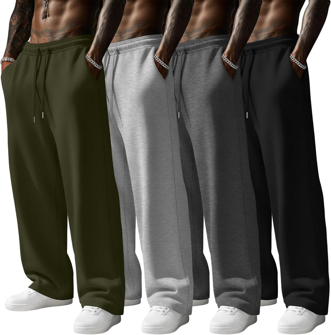 4 Pack Men's Sweatpants Wide Leg Open Bottom Baggy Drawstring Joggers Athletic Lounge Pants with Pockets (X-Large, Army Green, Light Gray, Dark Gray, Black)