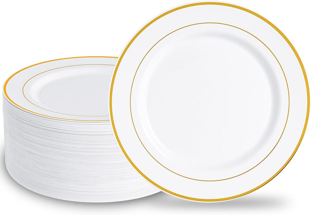 N9R 100 PCS Heavy Duty Gold Dinner Plastic Plates, 10.25 inch White Disposable Plate with Gold Rim, Plates for Party Wedding and Birthday