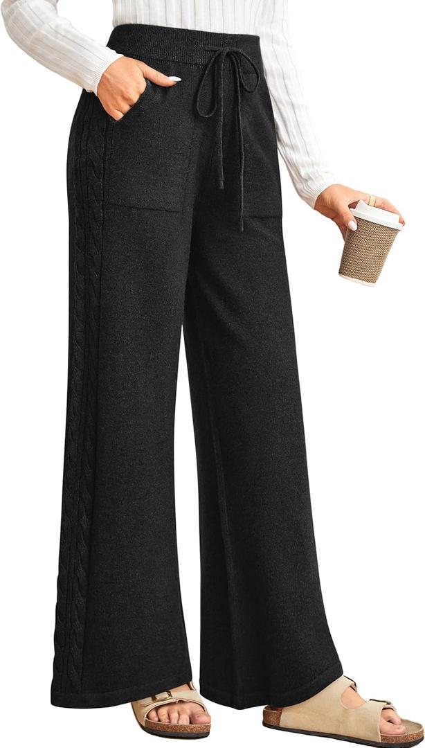 Arach&Cloz Womens 2025 Spring Sweater Pants Wide Leg Elastic High Waist Cute Casual Flowy Lounge Winter Knit Trousers Pockets (Black)