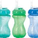 Nuby 3 Pack No Spill Flex Straw Toddler Sippy Cups - Toddler Cups Spill Proof with Easy and Firm Grip - Green, Blue, Aqua