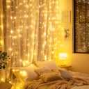 Brightown 300 LED Fairy Curtain Lights, 9.8ft x 9.8ft Warm White Curtain String Lights, USB Plug in 8 Lighting Modes Christmas Decoration, Hanging Lights with Remote for Bedroom Indoor Weddings Dorm