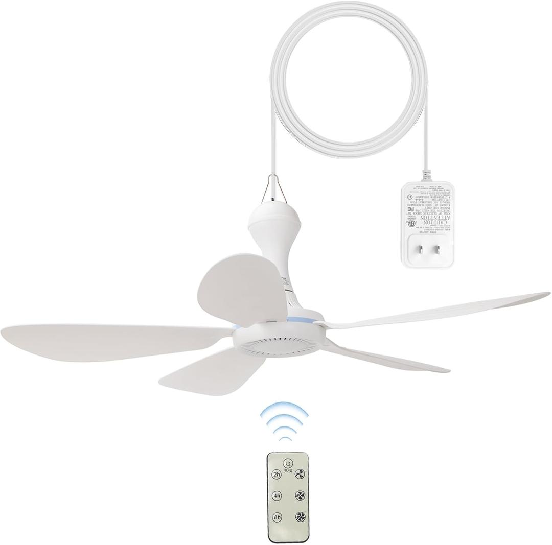 Ceiling Fan for Patio, Gazebo & Home Indoor Use, 28Inch Portable Hanging Ceiling Fan, 5 Detachable Blades, Room Hanging Fan, DC12V for Bed Tent Home Room with a 110V AC adaptor included