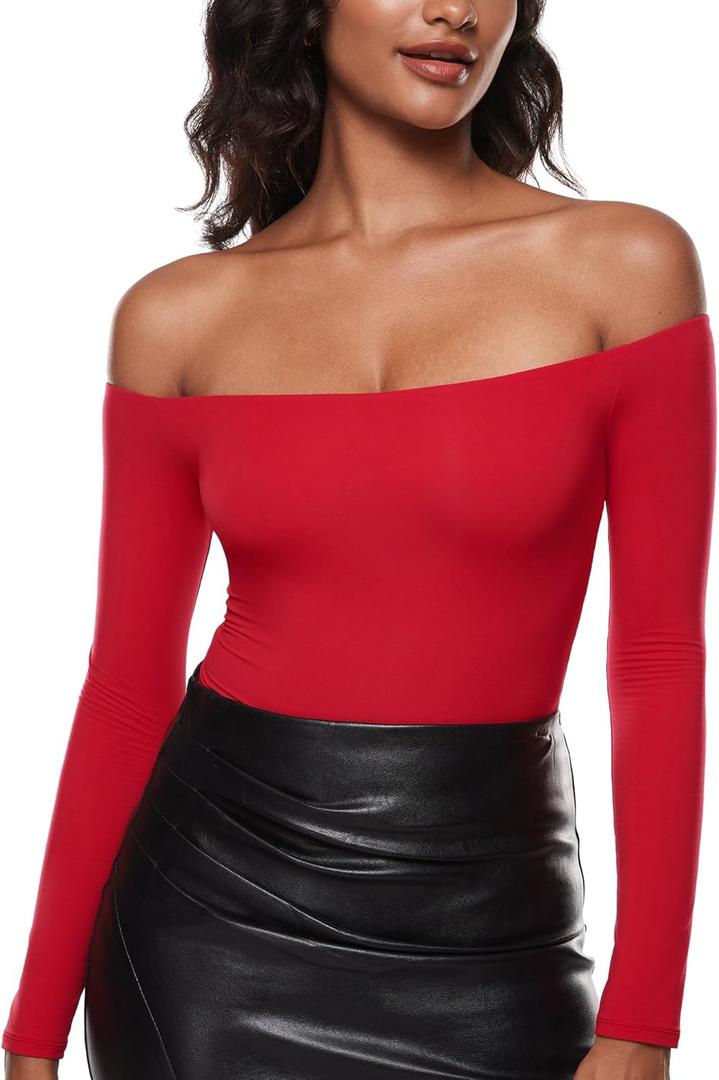 INLYRIC Women's Inbarely Soft Off The Shoulder Double Lined Long Sleeve Tops Going Out Slim Fitted Sexy Trendy T-Shirts XL