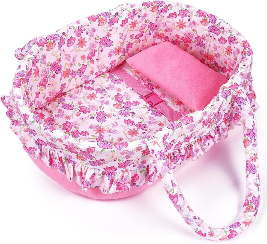 BABESIDE 2 Pcs Reborn Baby Doll Accessories, Pink Floral Baby Doll Bassinet with Pillow and Built-in Carrier, Foldable Doll Bed with Handle for 17-22 Inch Lifelike Dolls (Dolls Not Included)