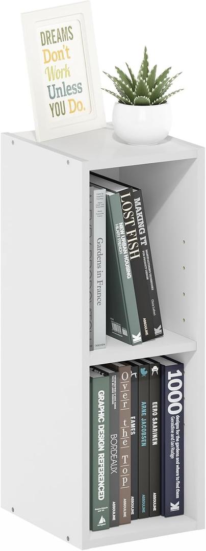 Furinno Fulda Book Shelf, 2-Tier Narrow Bookshelf, Bookcase with 8-in Width Storage Shelf, 9.3 x 7.9 x 21.2, for Living Room, Bedroom, Home Office, Plain White, 2-Tier, 8W