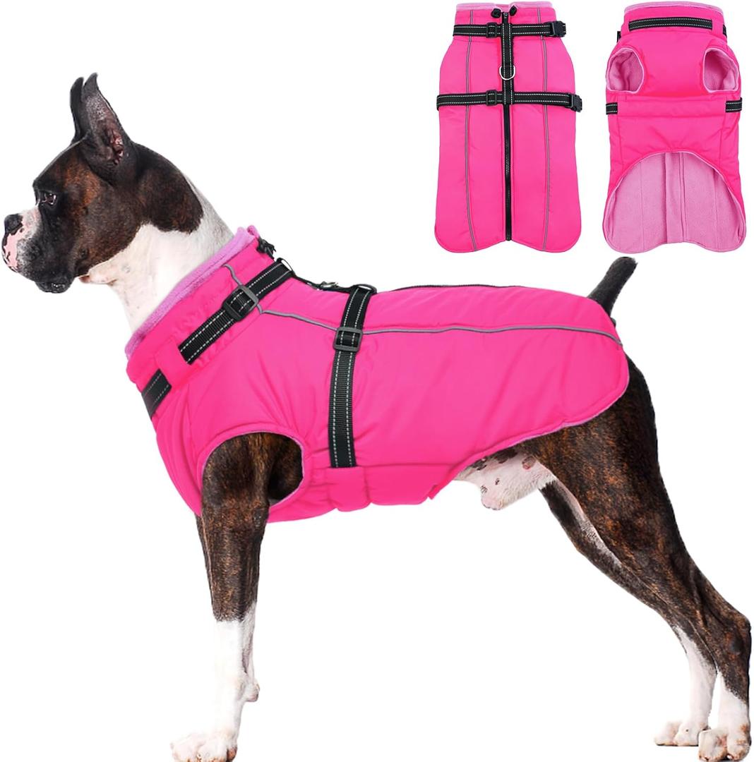 Lelepet Dog Winter Coat Waterproof Dog Jacket with Harness Built in Windproof Reflective Pet Coats, Thermal Fleece Lined Coats for Cold Weather Walking Hiking, Pug, Medium (Rose Red)