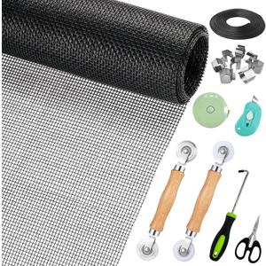 Window Screen Replacement,Screen Door Repair Kit, 48"x178" Black Window Screen Mesh,Including 50 FT Splines+Hooks+2 Rollers+8 Clips+Scissors+Knife+Tape Measure,Fully Equipped Window Screen Repair Kit