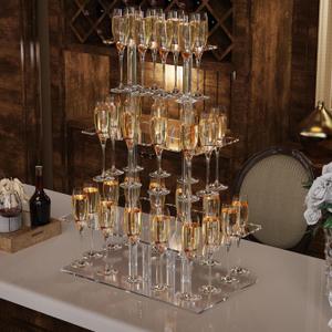 Champagne Display Holder Stand for Party With 32 Slots, 3 Tier Acrylic Champagne Tower Wine Glass Holder, Tabletop Champagne Flutes Holder Stemware Rack with Led Strip, 19.7x11.8x26.2 inch