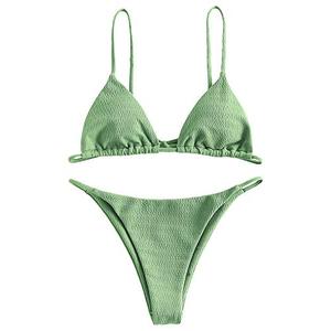 ZAFUL Womens Textured Tie String Bikini Swimwear Triangle Smocked Swimsuits Two Piece Set, M