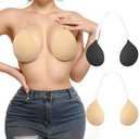 Invisible Adhesive Push-Up Bra Sticky Strapless Bra with Clear Halter Neck Strap for Backless Dresses/Tops (Black+beige) C
