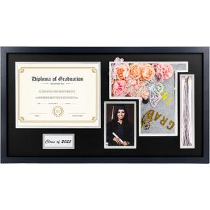 Graduation Shadow Box Frame for 8.5x11 Diploma & 4x6 Photo with Graduation Cap & Tassel Holder Class of 2024 2025 Wood Display Case Black over White Mat (14x26)