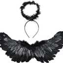 Angel Wings Costume Accessories-Feather Wings with Halo Headband Set for Adults, Lightweight Adjustable Fairy Wings,Cosplay (Black)