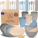 FOODLE Wheat Straw Dinnerware Set - BPA Free & Safety Tested - Microwave & Dishwasher Safe - Perfect for Picnic, Dorm, RV Dishes - Camping Plates Cups and Bowls Set - Great for Kids & Adults - For 4