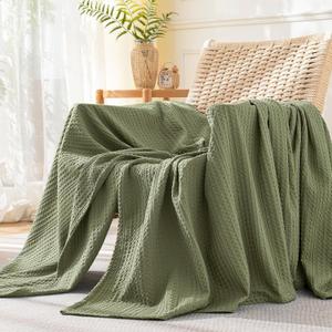 PHF Lightweight Waffle Weave Throw Blanket 50"x 60", Soft Woven Summer Blanket for Hot Sleepers - Aesthetic Home Decor for Couch Bed Sofa, Pet Friendly, Olive Green