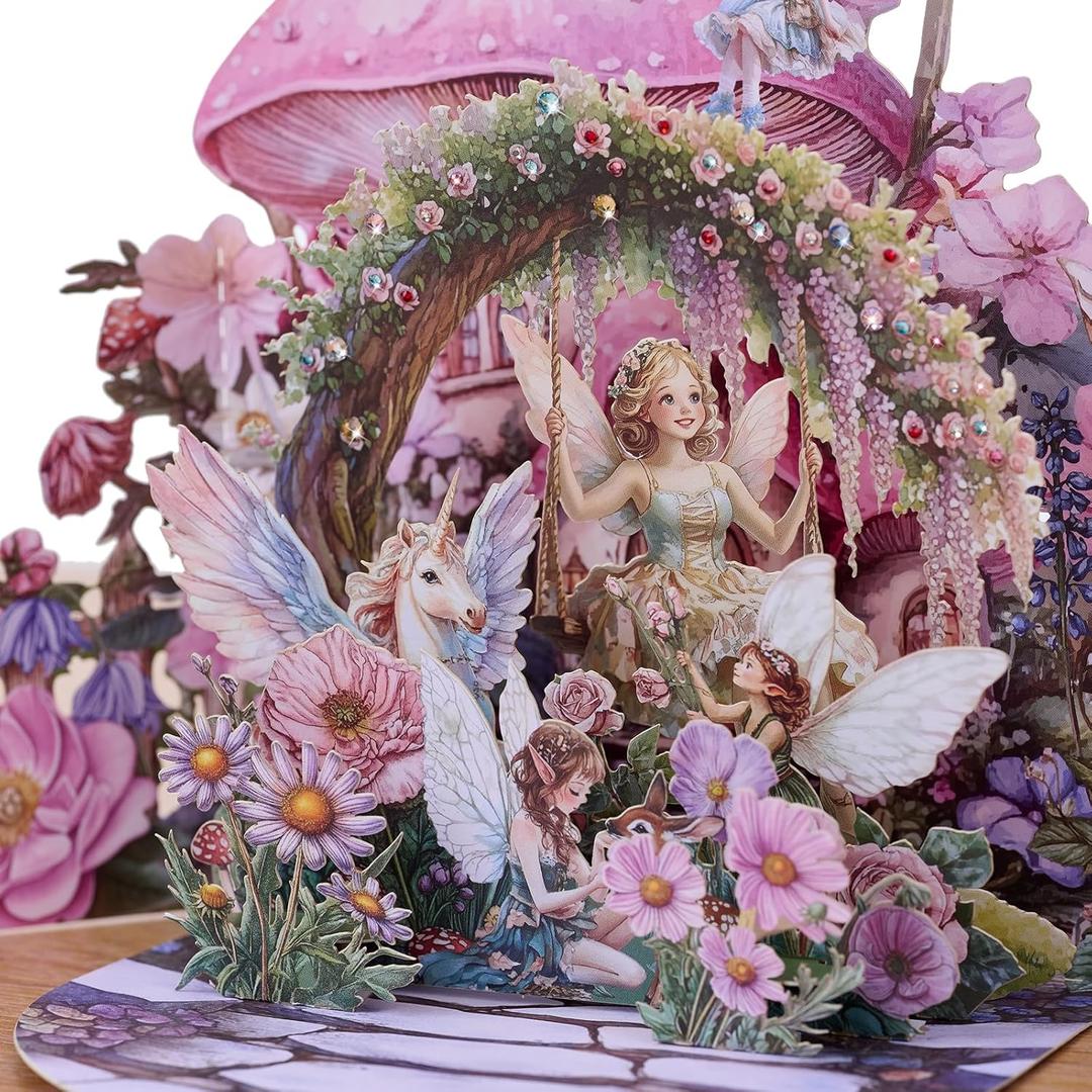 3D Pop-up Fairy Garden Birthday Cards, Magical Design, Pink Floral Fantasy Scene, 3D Greeting Gift Cards for Girls, Daughters, Sister, Granddaughters All Occasion-Includes Notecard & Envelope