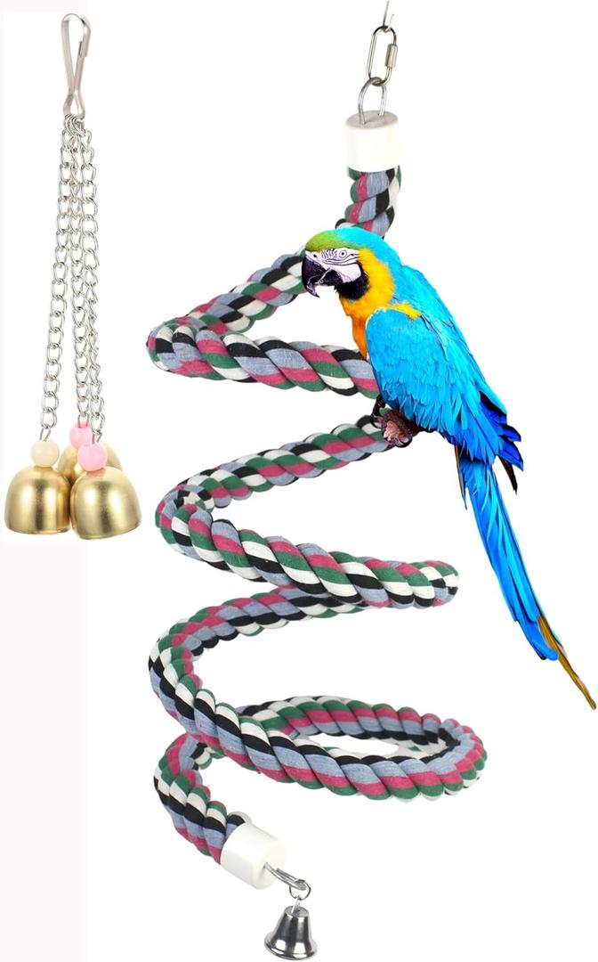 65inch Cotton Bendable Rope(Plus 1 Set 3 Steel Bells) Perch Swing Bird Chew Toys Amazon Parrots Cage Toys with Bell Swing Climbing Standing Bungee Bird Toys for Large to Regular Size Birds