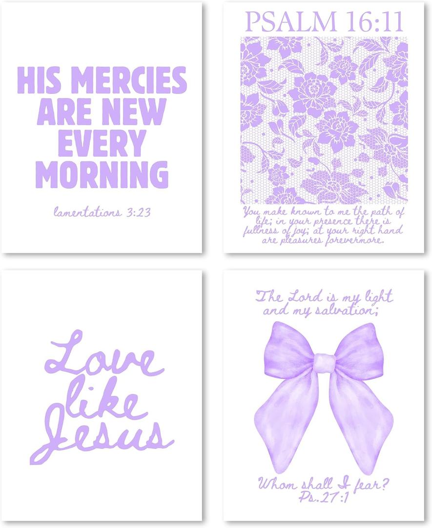 2 x FGFK Coquette Bow Floral Christian Wall Art Prints Set of 4, Lamentations 3:23 Psalm 16:11 Ps.27:1 Bible Verses Posters Pictures Wall Decor for Girls Room Home Dorm Apartment, 8x10 Unframed - Purple
