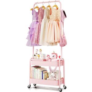 KINGRACK Kids Clothing Rack, Small Clothes Rack with Metal Basket, Wardrobe Rack with Wheels, Child Rolling Garment Rack Storage for Clothes, Coats, Skirts, Pink (Medium)