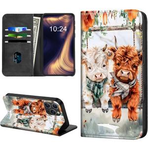 for iPhone 15 Pro Max Phone Case, Flip PU Leather Kickstand Shockproof Phone Cover for iPhone 15 Pro Max, Phone Wallet with Card Holder Slot and Magnetic Clasp, Cute Highland Cows