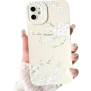 NITITOP Compatible with iPhone 12 Case Cute Aesthetic Cherry Blossom Pattern Design for Women Girls Soft TPU Shockproof Full Camera Protective Phone Cover - White