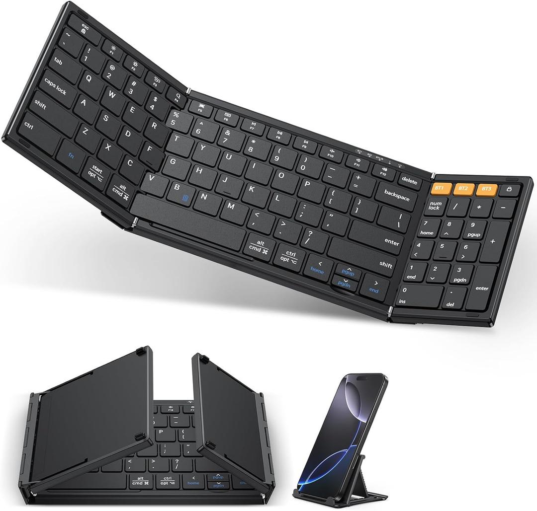 OMOTON Foldable Bluetooth Keyboard Supports Up to 3 Devices, Rechargeable Wireless for iPad iOS Android Tablet MacOS Windows Laptop PC, Full Size Folding Travel Keyboard, Black