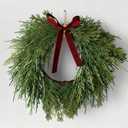 13.8" Christmas Artificial Cedar Wreath with Burgundy Velvet Bow Green Christmas Draping Oval Cedar Wreath for Front Door, Wall, Windows Indoor Outdoor Winter Festival Farmhouse Home Decor