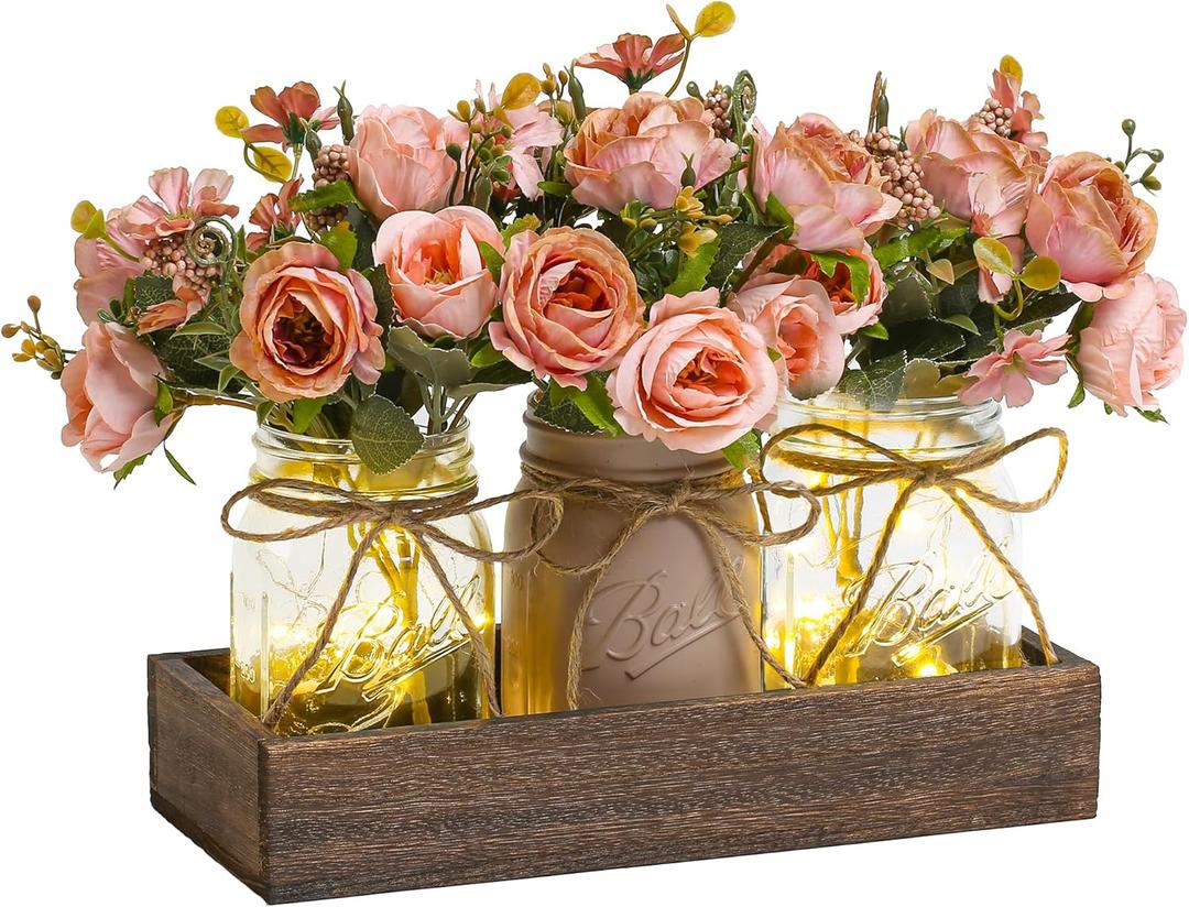 3 Pcs Mason Jar Centerpiece Table Decorations for Dining Table Decor Farmhouse Coffee Table Decor with Wood Tray and Led Light Table Centerpieces for Dining Room Kitchen Living Bathroom,Pink