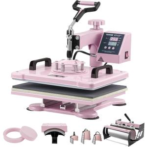 VEVOR 8 in 1 Heat Press Machine Combo with 30 OZ Tumbler Press & Hat Press 12x15 inch Heat Press for T-Shirts, Hats Caps Tumblers Glass Cans Mugs, and Plates (Pink)