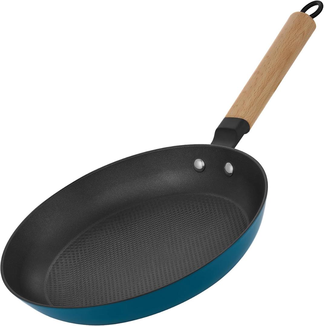 YUTANN Nonstick Frying Pan, 8 inch Enameled Cast Iron Pan Kitchen Healthy Egg Fry Pan Omelette with Detachable Handle, Lightweight Pre-seasoned Cast Iron Skillet, Dishwasher & Oven Safe (Blue-Beech Wood Handle)