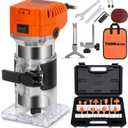 THINKWORK Compact Router, 6.5-Amp 1.25 HP Compact Wood Palm Router Tool, 6 Variable Speeds Wood Trimmer with 15 Pieces 1/4" Router Bits Set, 30000R/MIN