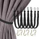 Home Queen Hand Braided Curtain Tie Back, Buckle Holdback Drapery Curtain Tiebacks, 6 Rope Belt Curtain Tie with 6 Metal Hooks, Black