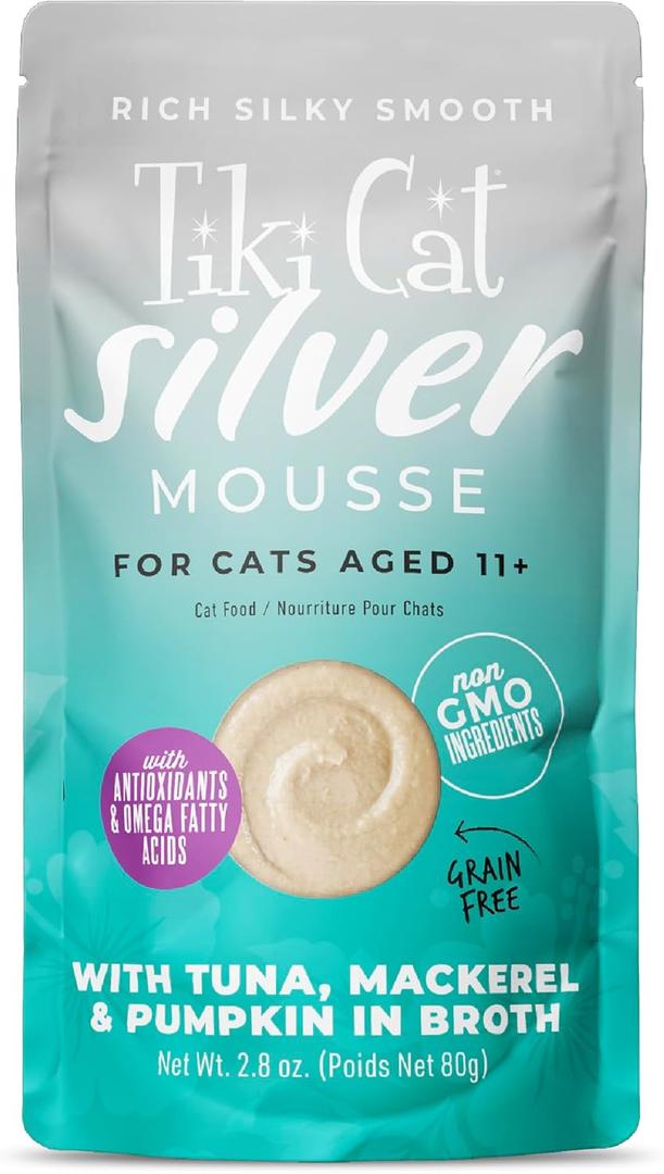Tiki Cat Silver Mousse Wet Cat Food, Tuna, Mackerel & Pumpkin in Broth, 2.8 oz. Pouch (12 Count) BBD: 07/14/27