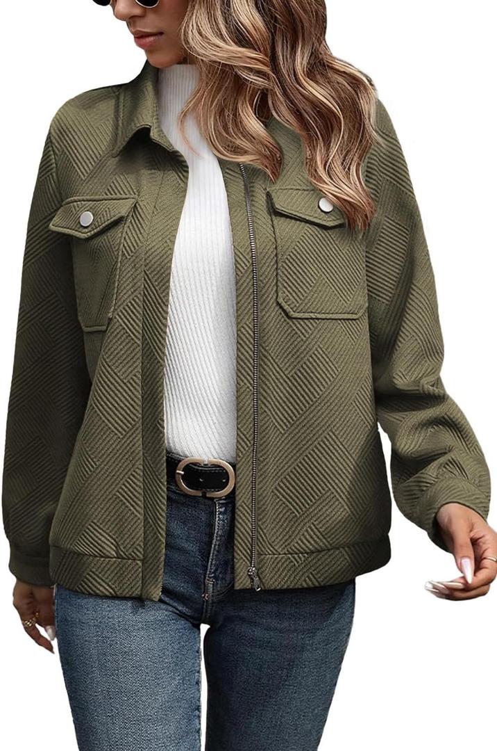SHEWIN Jackets for Women Fall Fashion 2025 Casual Zip Up Shacket Jacket Lightweight Long Sleeve Shirts Tops (Green, XL)