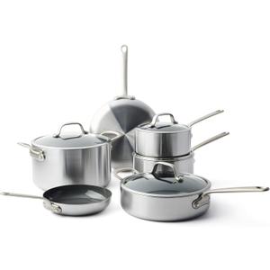 GreenPan Craft Steel 10-Piece Cookware Set with Bonus Pan Protectors, Silver